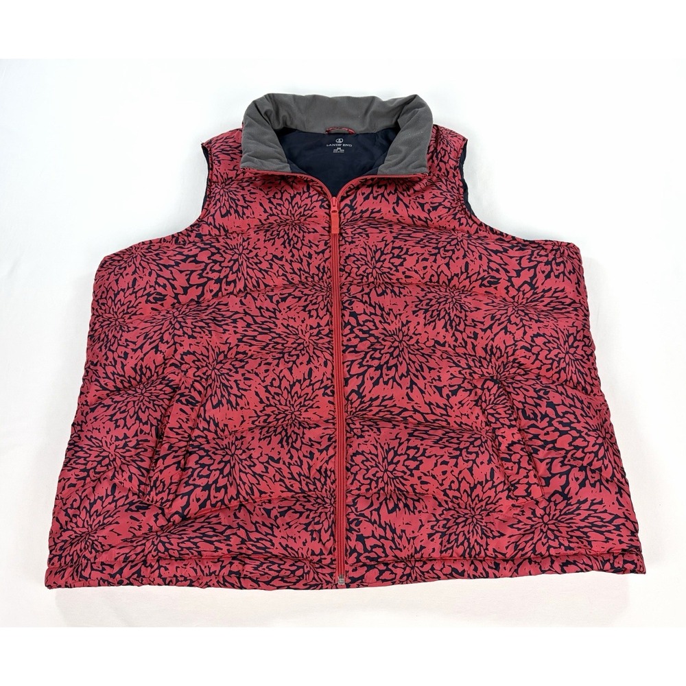 Lands' End Puffer Vest Women's 3X 24-26 Pink Black Floral Down Filled Full Zip